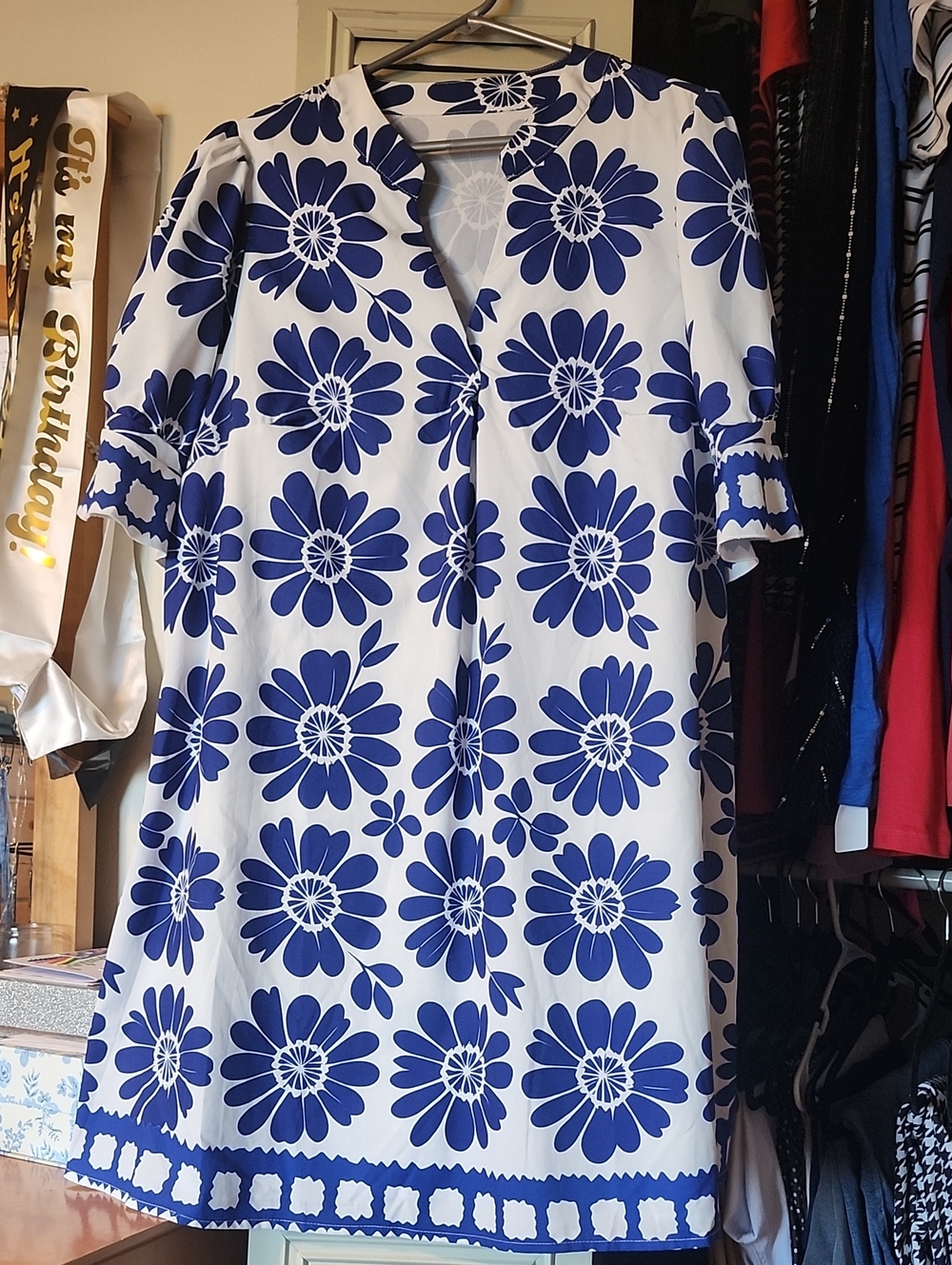 SHEIN White Midi Dress with Bold Navy Floral Print